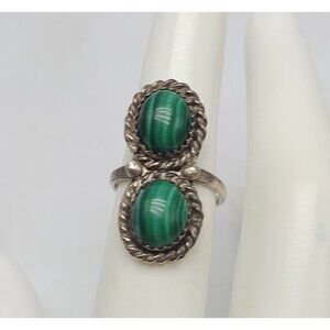 Vintage Navajo Sterling Silver Green Malachite Double Stone Ring Size 5